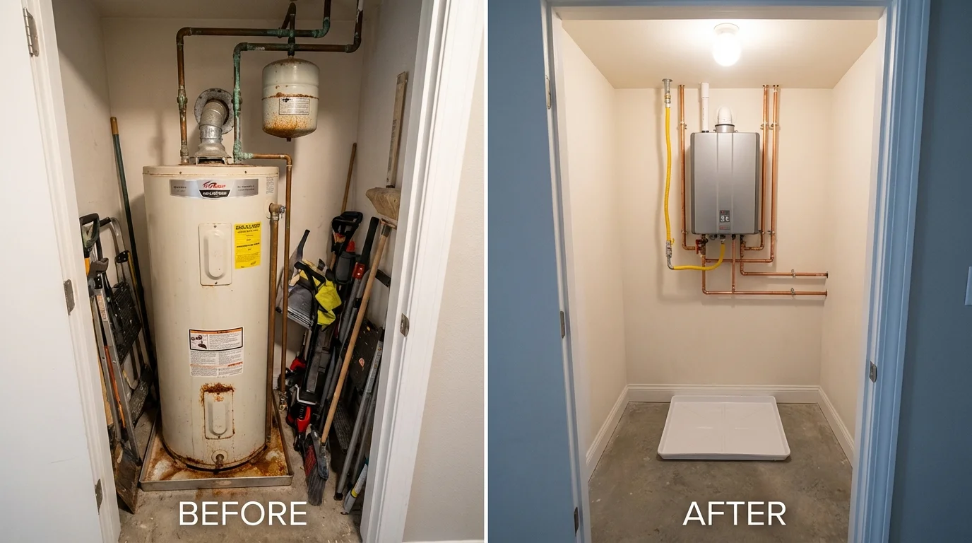Tank water heater versus wall-mounted tankless unit comparison for Northfield, MA homeowners