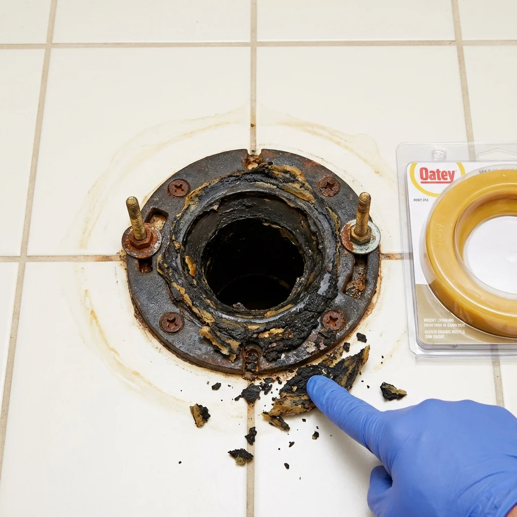 Failed wax ring showing water seepage at the base of a toilet in a Northfield, MA home