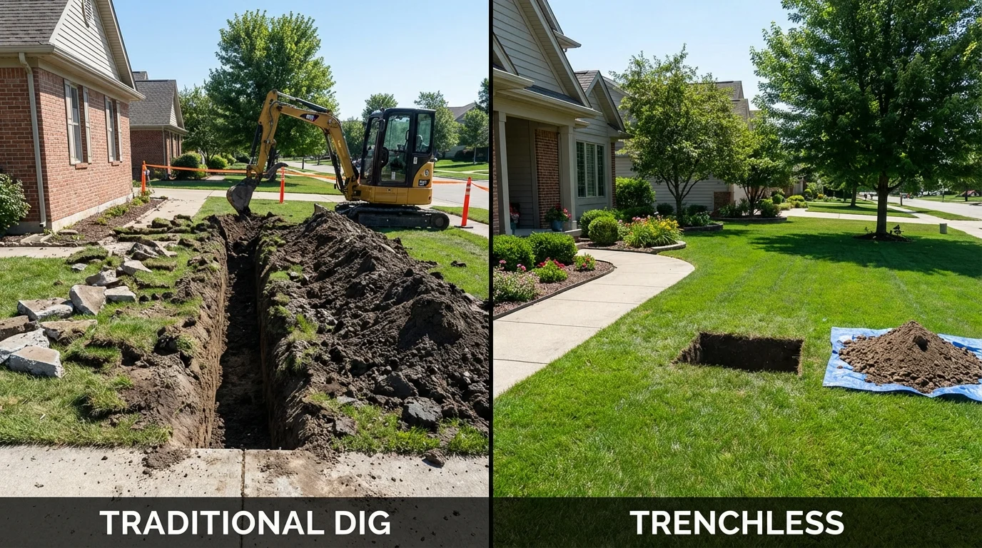 Trenchless sewer repair with minimal yard damage versus traditional excavation in Northfield, MA
